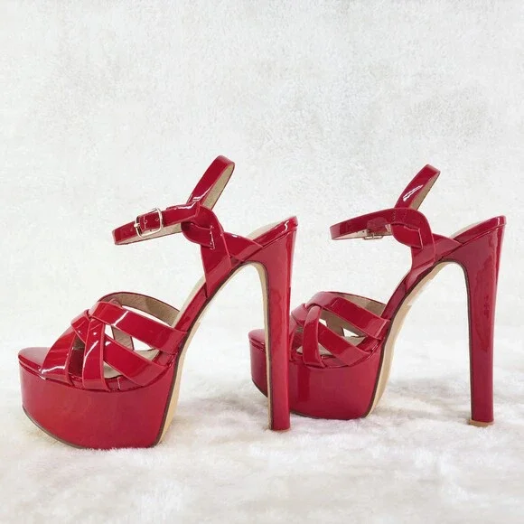 NIB Rihbah Red Patent Platform 6" Stiletto High Heels Ankle Strap Sandal Shoes - Picture 1 of 15